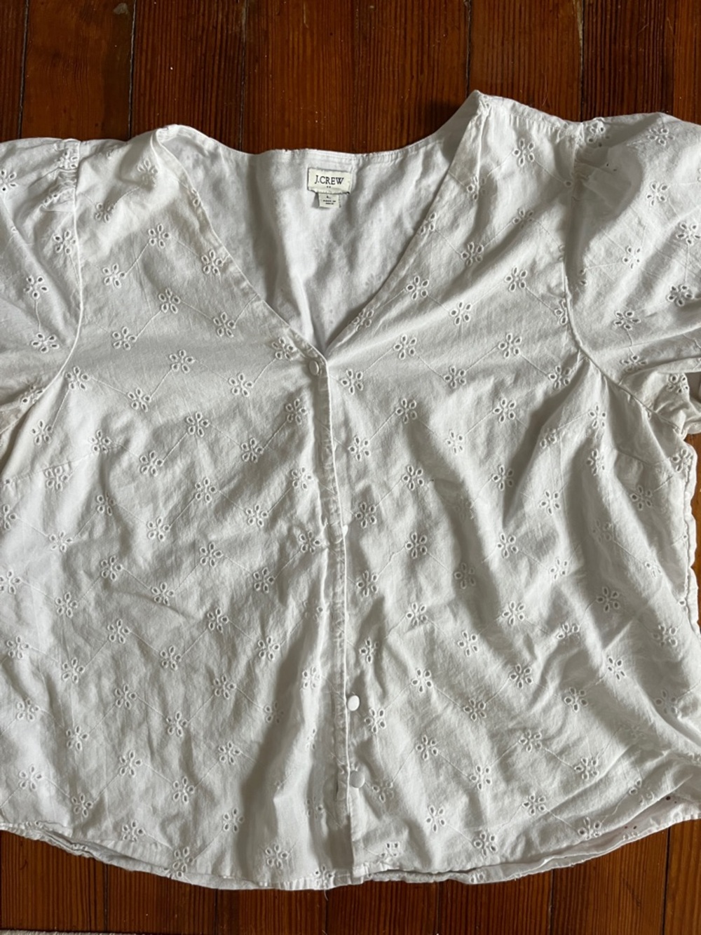 J. Crew White Eyelet Cotton Button-Front Puff Sleeve Blouse Sz L